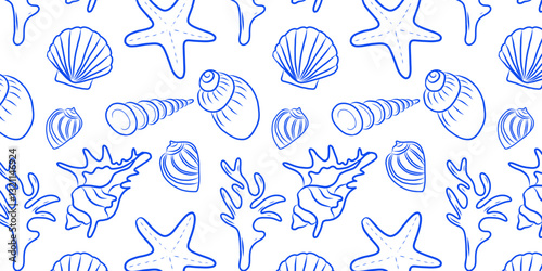 Sea creatures, sea shells, seamless pattern, outline vector illustrations, sea background