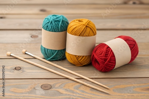 Yarn balls wrapped in blank kraft paper labels on a rustic wooden table, paired with knitting needles. A cozy and realistic branding mockup for crafting presentations.