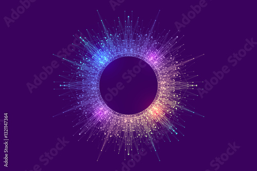 Scientific illustration quantum computer technology. Plexus fiction effect. Deep learning artificial intelligence. Big data algorithms visualization. Quantum explosion background.