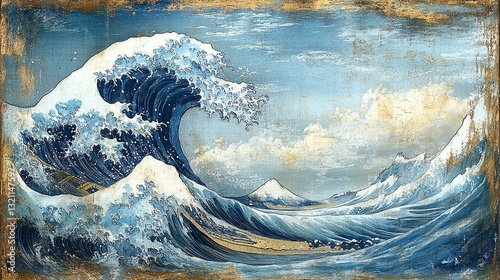 A dramatic seascape painting featuring a towering wave crashing over a boat, with distant mountains under a light sky, artistic.