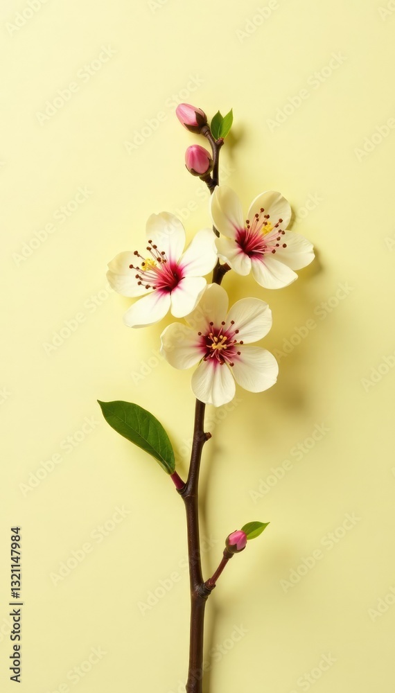Fototapeta premium Single branch with buds and flowers against light yellow-white surface, flower, growth