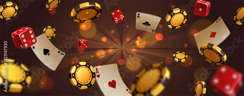 Falling poker chips, tokens, playing cards and dices on background