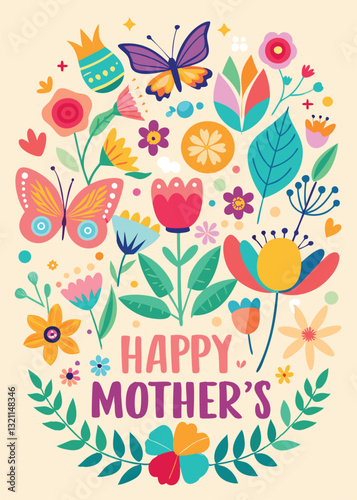 Happy Mother's Day card gifts and banner flyer affiche, Happy Mother's Day greeting card with flowers and butterflies. Vector illustration.