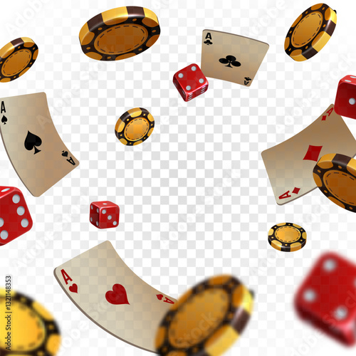 Falling poker chips, tokens, playing cards and dices on background