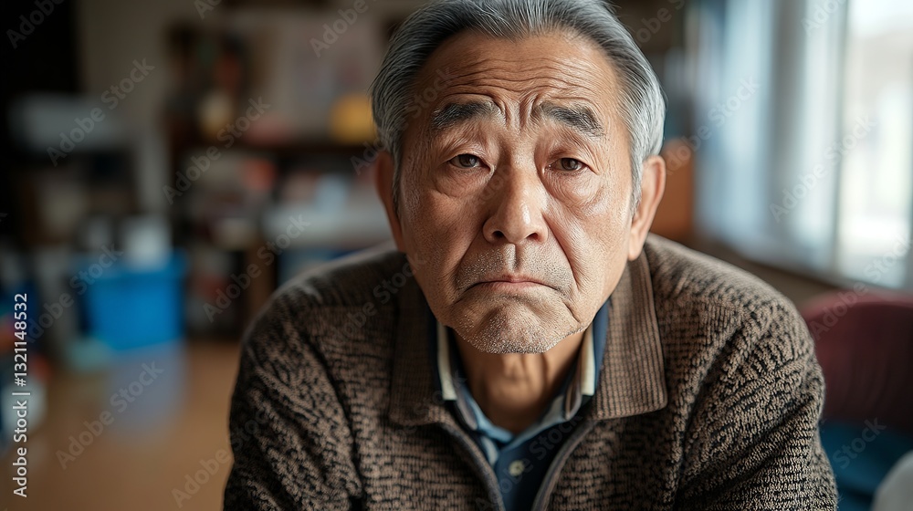 Portrait of an elderly Asian man with a sad and thoughtful expression, highlighting aging and the human experience of contemplation.
