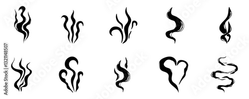 Steam smoke hand drawn line comic doodle. Aroma trail, cloud or wind silhouette. Smells hot air fragrance evaporate set. 