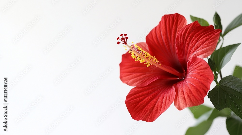 Obraz premium Vibrant red flower, detailed petals, green leaves, white background