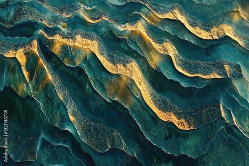Textural layers of teal and gold.  Complex, layered geological formations