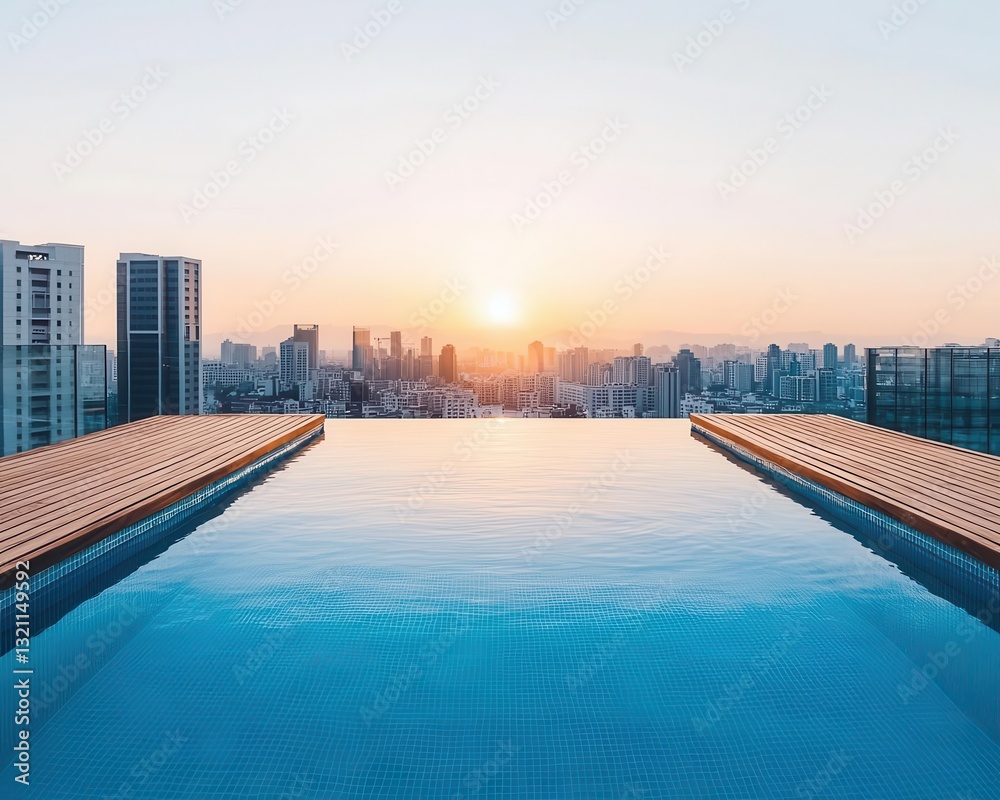 Naklejka premium Minimalist rooftop pool with a view of the city skyline, sleek wooden deck, modern apartment building, serene sunset reflections
