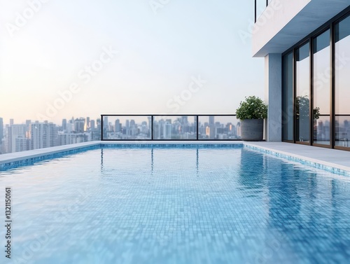 Rooftop swimming pool at a chic urban residence, glass barriers, view of city skyscrapers, serene water surface, bright day