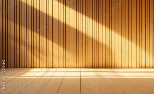 Empty room with light wooden panels and floor. Sunlight streams through photo