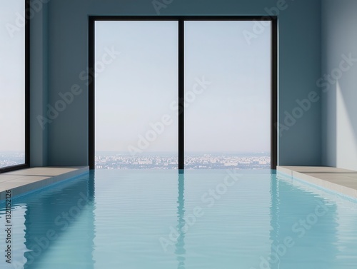 Rooftop pool at a highrise residence  seamless glass walls  view of the sprawling city below  calm water surface  bright daylight