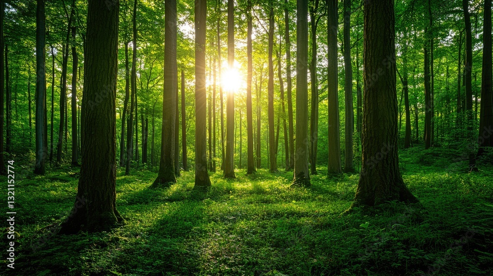 Obraz premium Sunlight filtering through lush green forest trees, casting shadows on the vibrant undergrowth