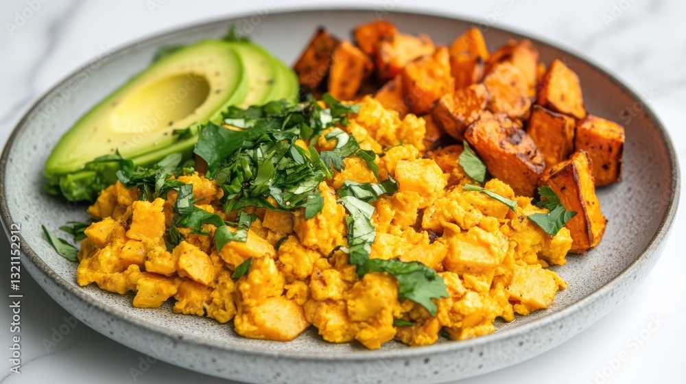 Healthy breakfast plate with scrambled tofu, avocado slices, and roasted sweet potatoes Healthy breakfast plate with scrambled tofu, avocado slices, and roasted sweet potatoes