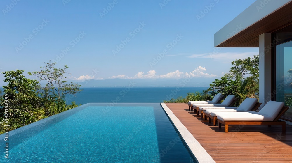 Fototapeta premium Modern rooftop pool at a luxury residence, wooden deck and minimal seating, overlooking the ocean, calm serene atmosphere