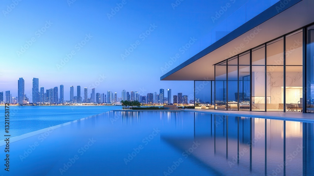 Obraz premium Modern residence with rooftop pool, sleek glass walls, overlooking city lights at dusk, luxurious design, calm water