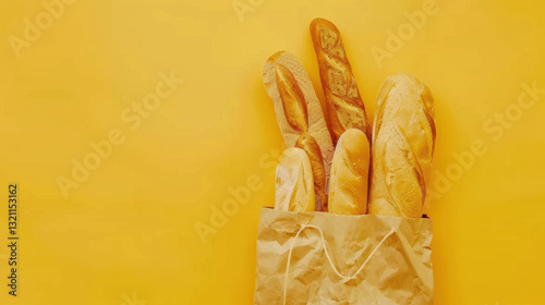 baquettes in paper bag on yellow background photo