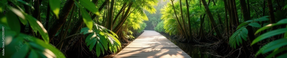 Sun-dappled wooden path cuts through dense mangrove canopy , canopy, calm Sun-dappled wooden path cuts through dense mangrove canopy , canopy, calm