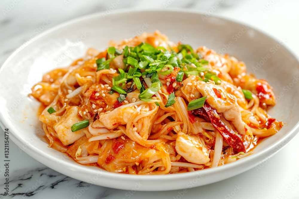 Delicious spicy chicken noodles stir fry with sesame seeds and green onions hot eat food meal dish Delicious spicy chicken noodles stir fry with sesame seeds and green onions hot eat food meal dish