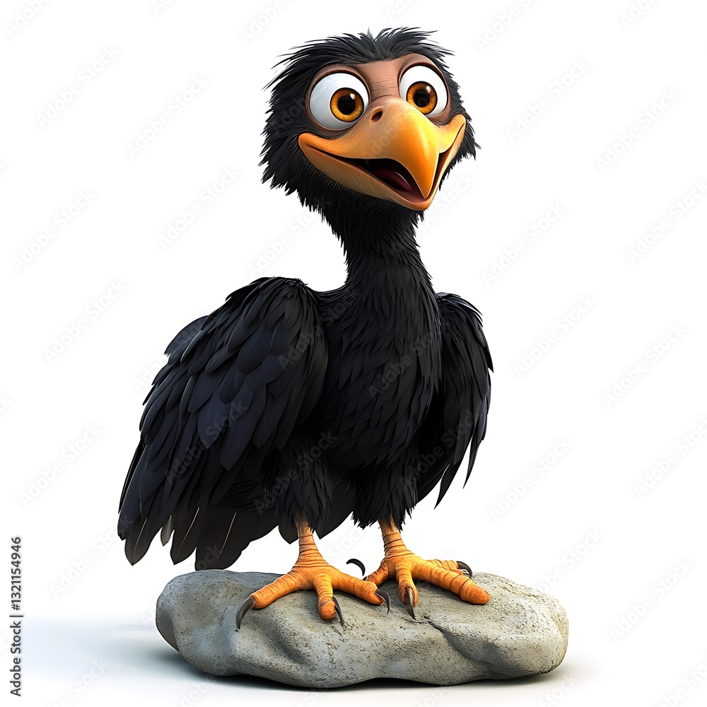 Obraz premium Adorable 3D Cartoon Vulture Illustration, Cute Bird Character Design on Rock