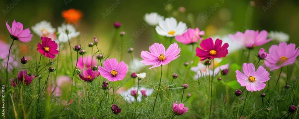 Vibrant pink and white cosmos flowers blooming in a lush garden Vibrant pink and white cosmos flowers blooming in a lush garden