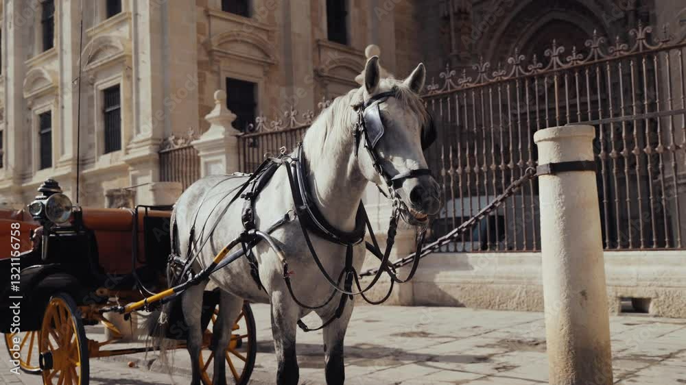 A lone horse-drawn carriage parked in front of the Cathedral, creating a peaceful, timeless atmosphere A lone horse-drawn carriage parked in front of the Cathedral, creating a peaceful, timeless atmosphere