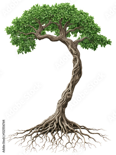 A realistic tree with lush green leaves and an intricate, detailed root system spreading below, isolated on a transparent background