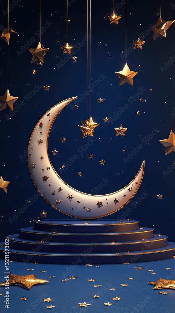 Naklejka premium 3D Ramadhan podium is placed on a crescent moon platform Show soft glowing stars in the background Use royal blue, gold, and ivory colors Vibrant color