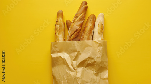 baquettes in paper bag on yellow background photo