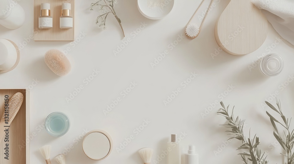 A serene flat lay of skincare products and tools arranged on a light background, with natural elements enhancing the aesthetic A serene flat lay of skincare products and tools arranged on a light background, with natural elements enhancing the aesthetic