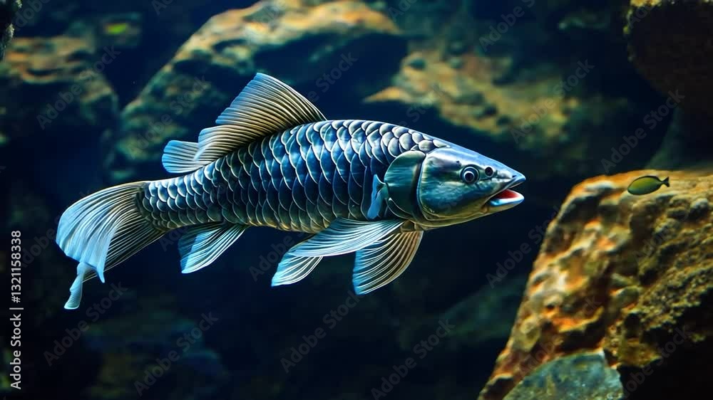 Vibrant blue fish swimming in an aquarium, rocky underwater scenery