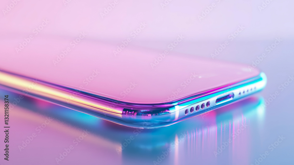 Holographic sheen on device, shimmering pink and turquoise Holographic sheen on device, shimmering pink and turquoise