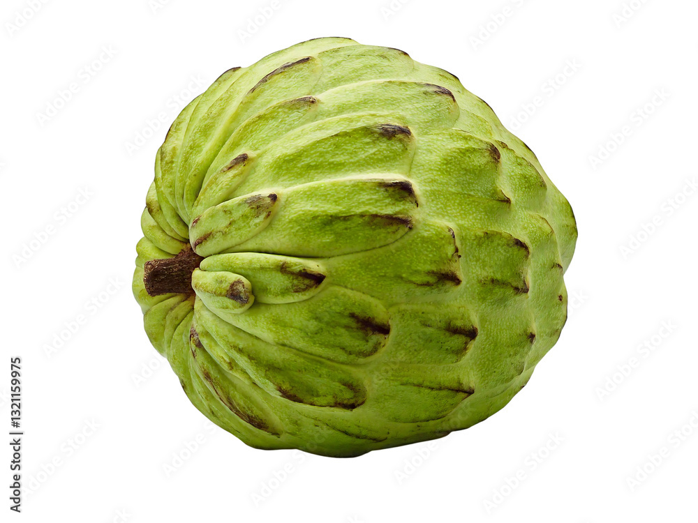 Obraz premium Close-up shot of a single cherimoya fruit, showcasing its unique textured skin and vibrant green color. Perfect for culinary blogs, health websites, or tropical-themed projects.