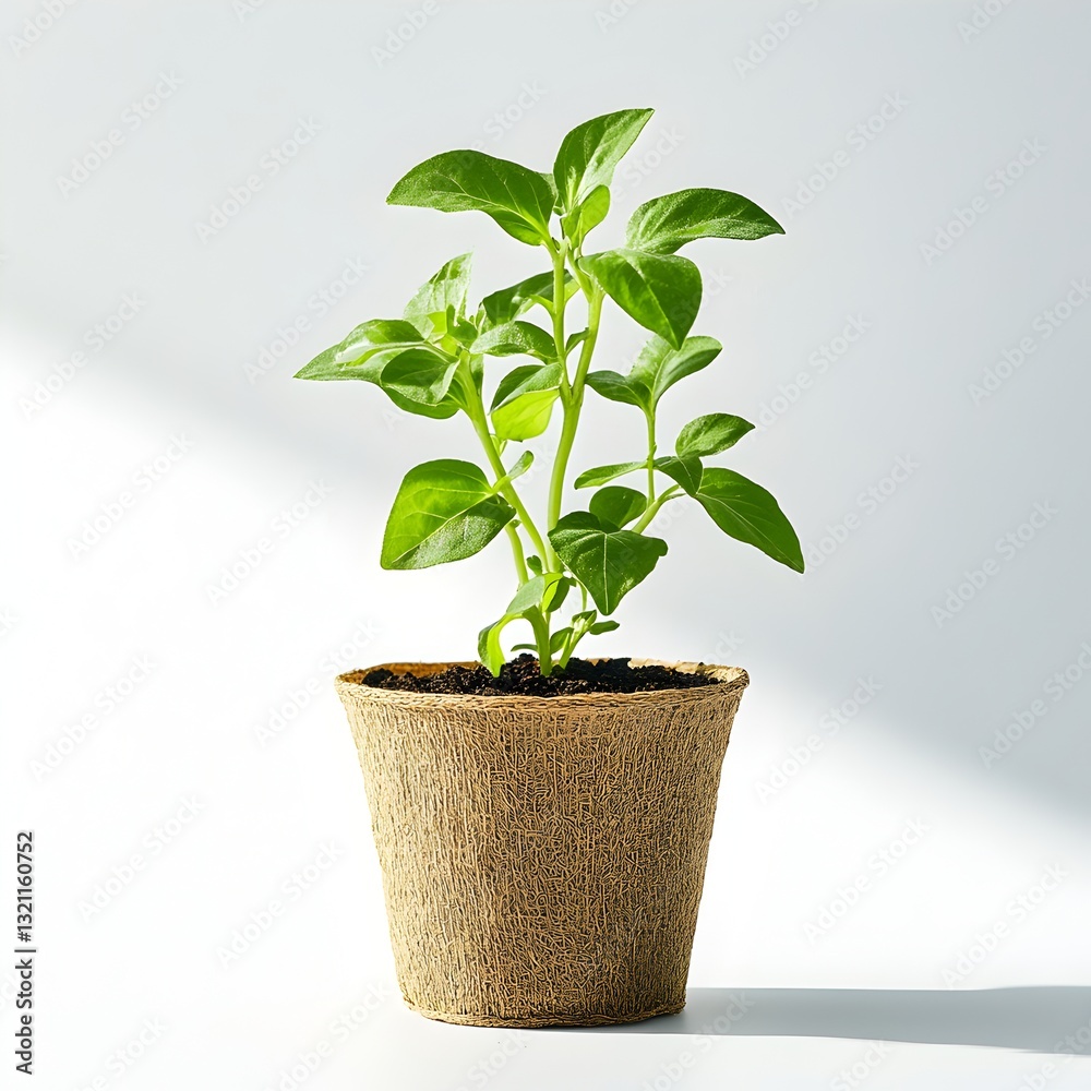 Vibrant green plant sprouting from biodegradable hemp pot in a natural setting emphasizing eco-friendly growth Vibrant green plant sprouting from biodegradable hemp pot in a natural setting emphasizing eco-friendly growth