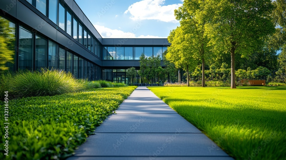 Fototapeta premium A serene pathway lined with vibrant grass leads to a sleek building. Sunlight enhances the refreshing greenery, creating a tranquil atmosphere on a warm day