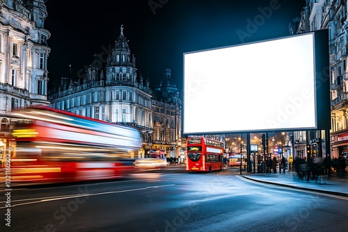 Blank Billboard Mockup London Night Street Scene with Double Decker Buses