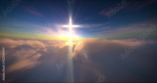 Luminous cross on blue starry sky and moving clouds. Easter, resurrection, new life, redemption concept. 4k
