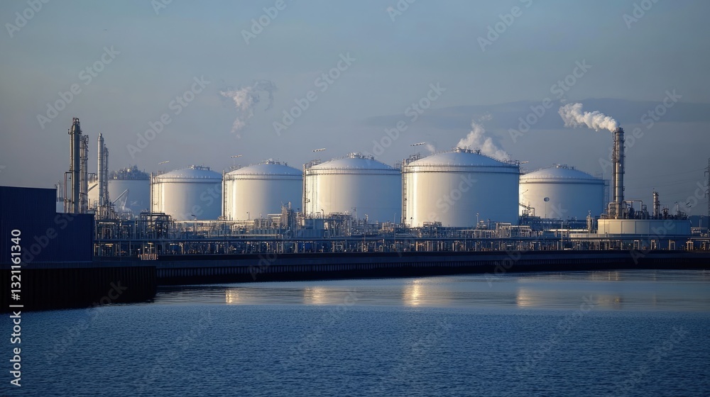 Industrial landscape featuring large storage tanks and smokestacks reflecting in calm water at sunset Industrial landscape featuring large storage tanks and smokestacks reflecting in calm water at sunset
