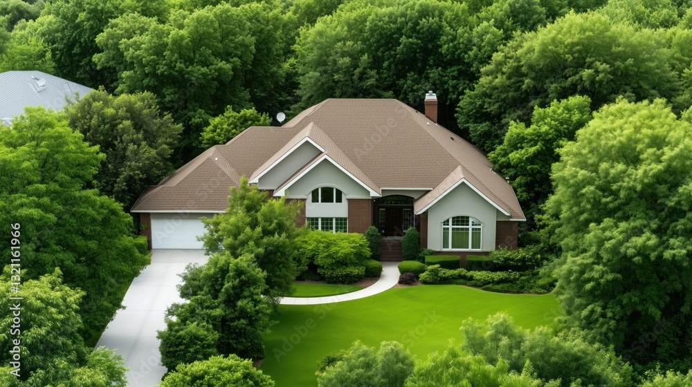 stylish house features a curved driveway, well-manicured lawn, and is embraced by dense trees, creating a peaceful atmosphere in a suburban area during a sunny day stylish house features a curved driveway, well-manicured lawn, and is embraced by dense trees, creating a peaceful atmosphere in a suburban area during a sunny day