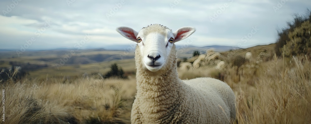Fototapeta premium An adorable white sheep poses in a grassy and hilly landscape