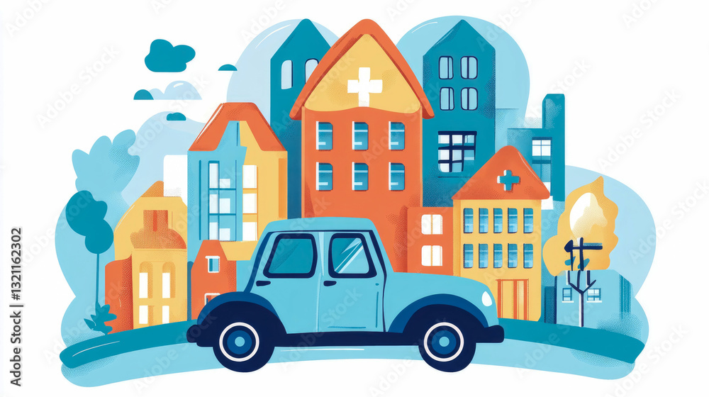 Naklejka premium Cheerful Commute: Urban Landscape with Classic Car