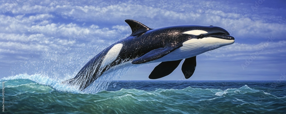 Obraz premium A majestic orca leaps from the ocean water showing its glory