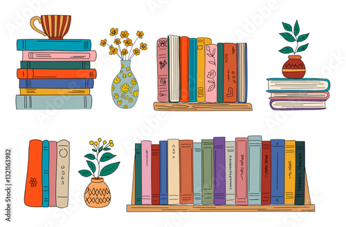 Books pile on shelf. Bookshelves, home library. Many school textbooks, fiction and art literature for education, learning, studying. Flat graphic vector illustration isolated, transparent background 