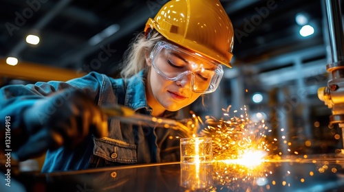 Wearing safety gear, a young woman diligently works on a welding project in a busy industrial workshop, surrounded by tools and equipment, as sparks illuminate her focused efforts