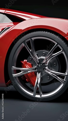 Sleek red sports car with shiny silver rims on black background