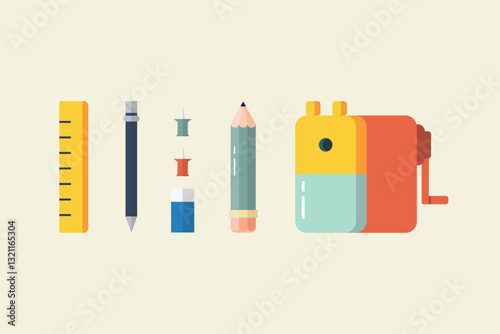 Pen pencil ruler and sharpener in flat style