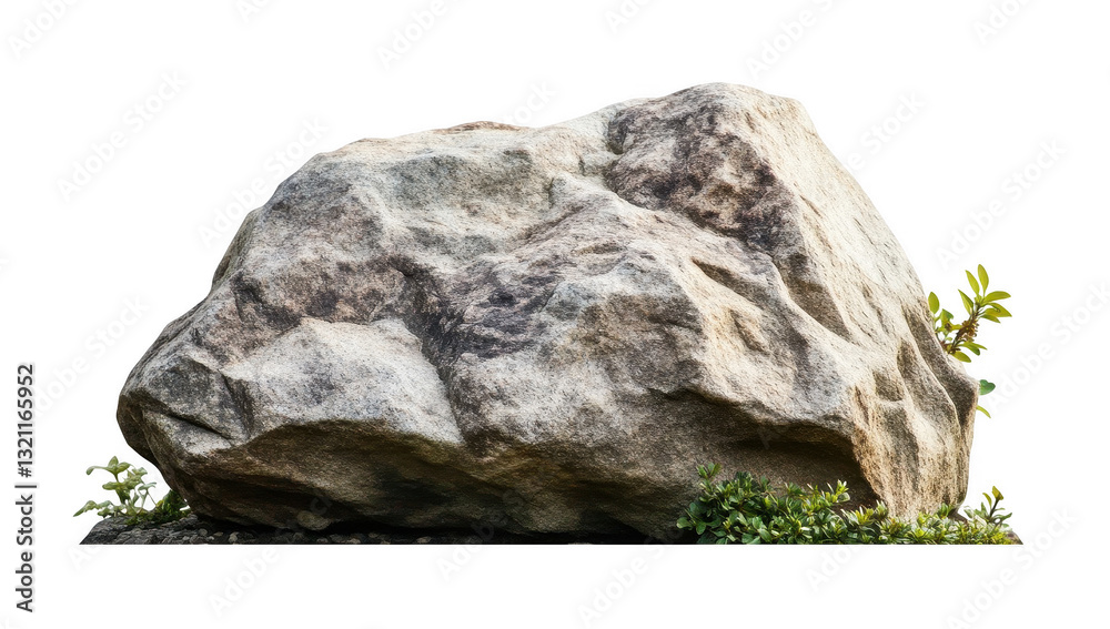 Large, rugged rock with textured surface and greenery growing around its base on a white background Large, rugged rock with textured surface and greenery growing around its base on a white background