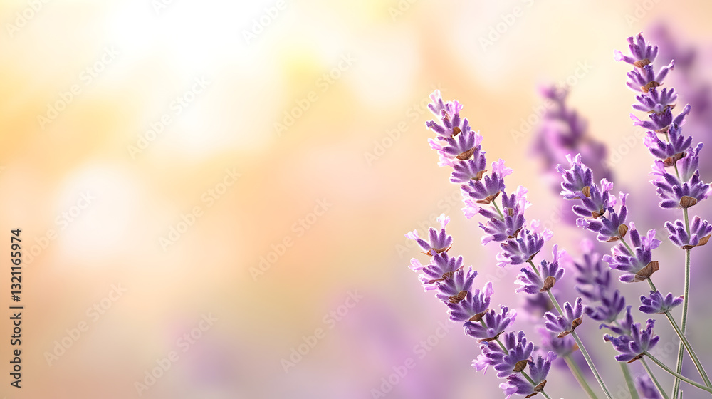 Naklejka premium Lavender flowers in soft golden sunlight with a blurred warm background. A perfect nature-inspired image for aromatherapy, wellness branding, and relaxation concepts. Selective focus
