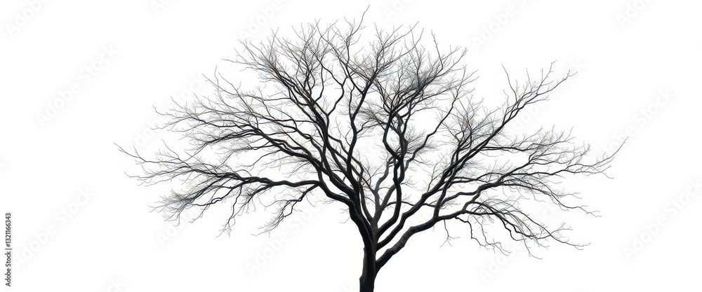 Fototapeta premium Lone deciduous tree, stark branches against pure white, tree texture, branch detail