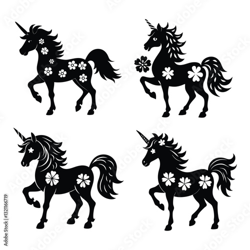 St. Patrick's Day Unicorn set with Shamrock Clover Illustration